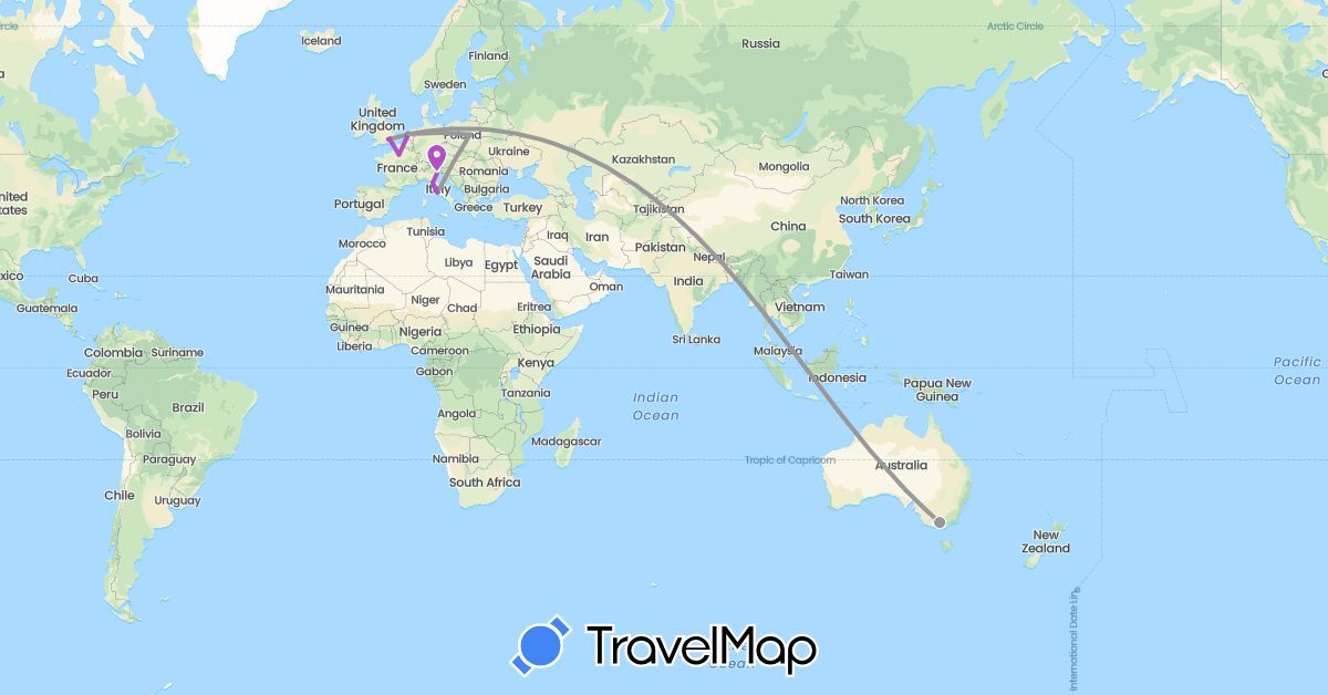 TravelMap itinerary: driving, plane, train in Australia, Germany, France, United Kingdom, Italy, Netherlands, Poland (Europe, Oceania)